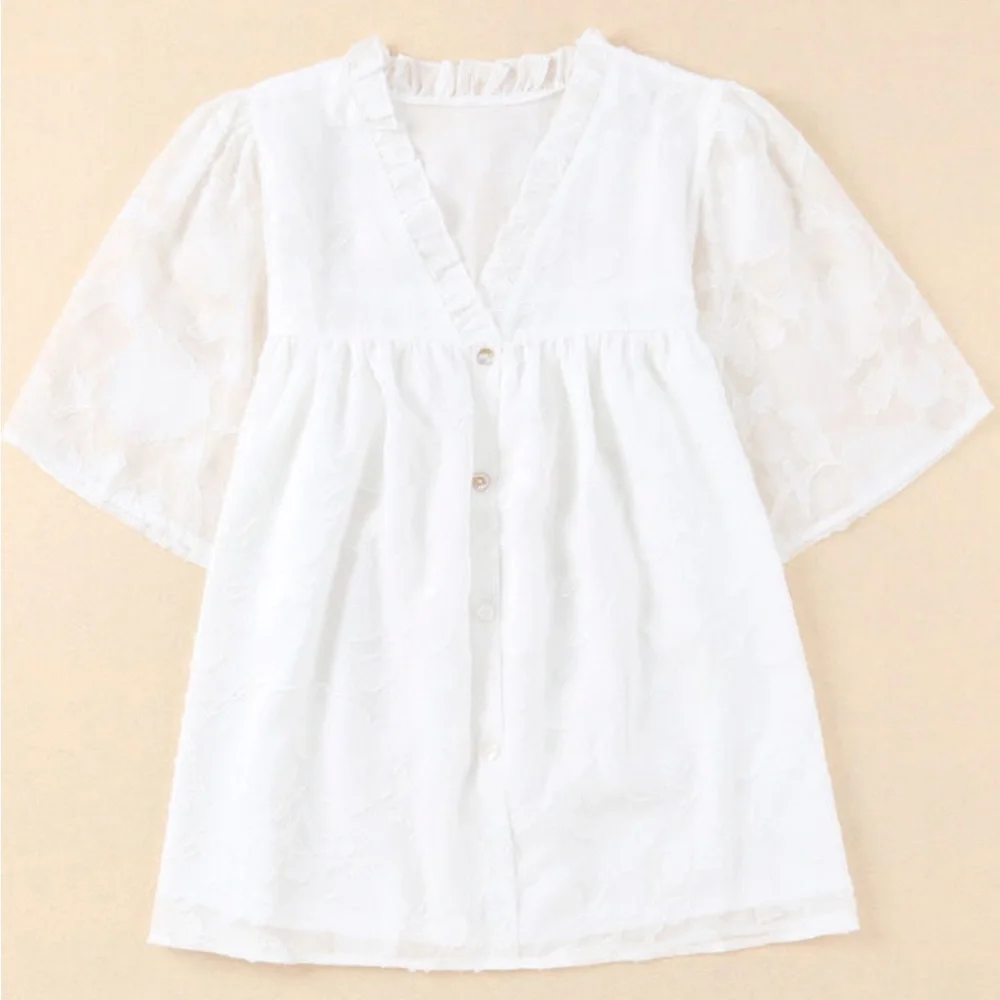 White Floral Textured V-Neck Buttoned Blouse - Picture 2 of 10